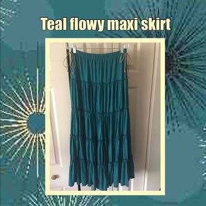 Teal colored ruffled flowy maxi skirt